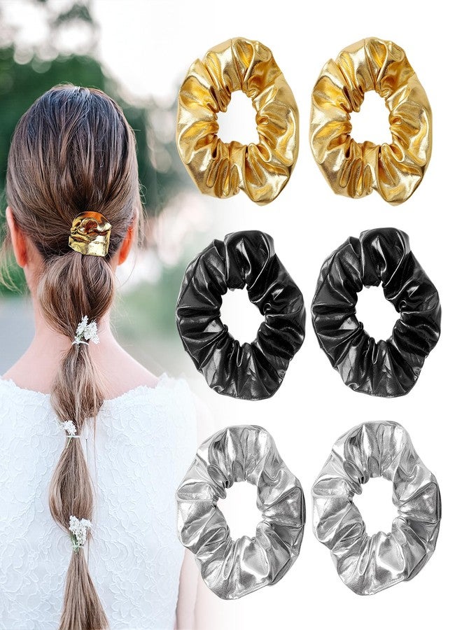 LUSTRIB 6 Pcs Hair Scrunchies, Shiny PU Leather Hair Ties for Women & Girls, Elastic Glam Hair Accessories for Cheerleading Teen Girls College Sports Ponytail & Daily Use, Gold, Silver, Black - Image 1